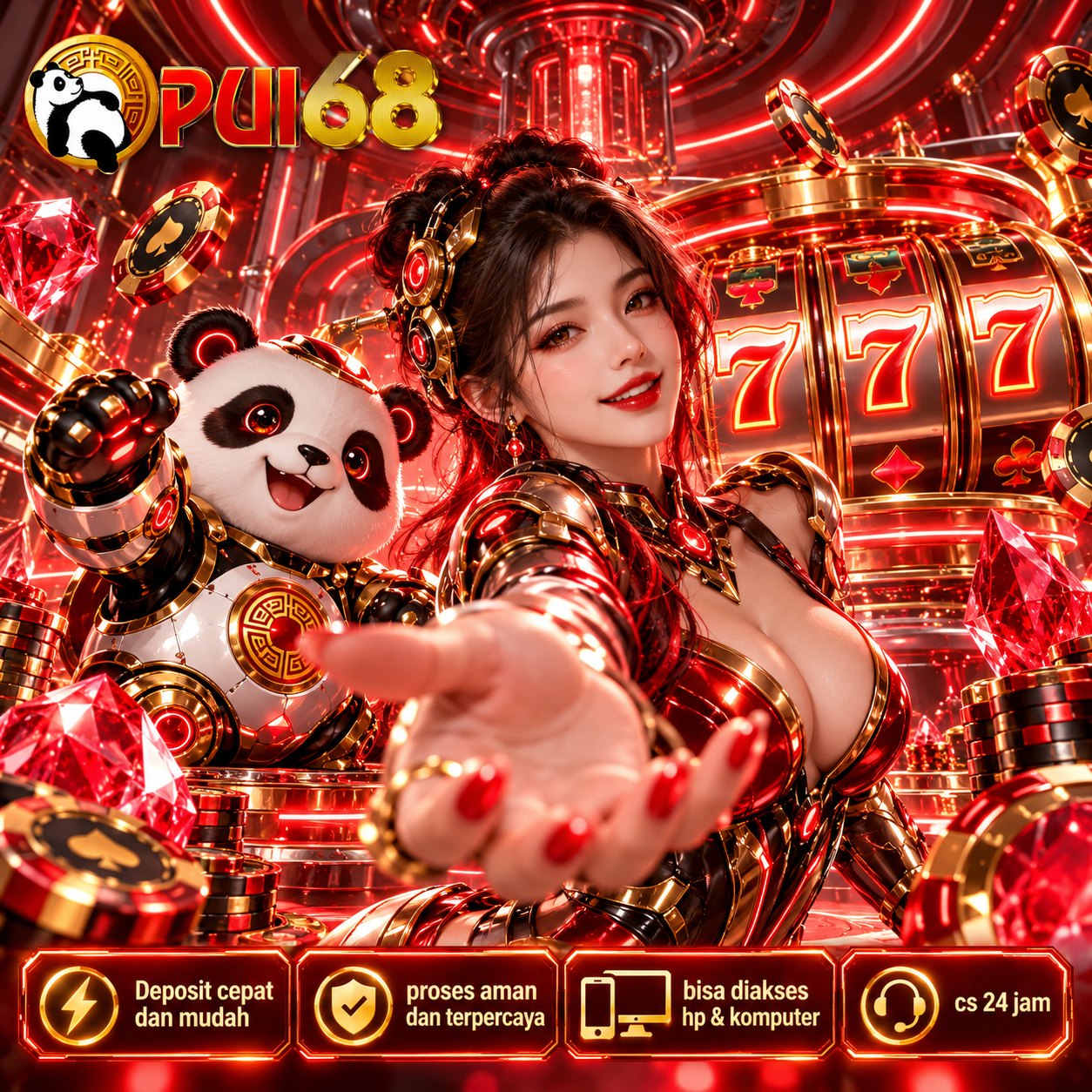 Banner utama PUI68 dengan maskot panda dan desain merah emas